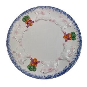 Ceramic Plate With Embossed Bunnies & Carrots Blue Speckled Rim 8.5"